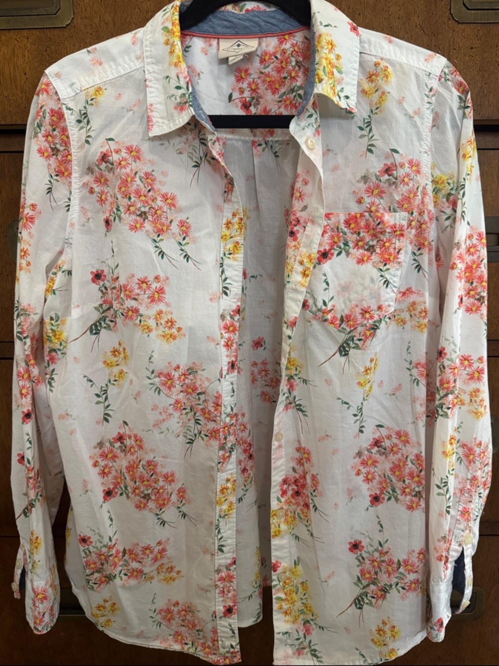 St. John's Bay White Button-Down Shirt with Pink & Yellow Floral Print